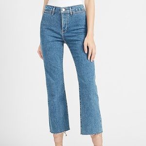 Mid Rise Raw Hem Cropped Flare Jeans